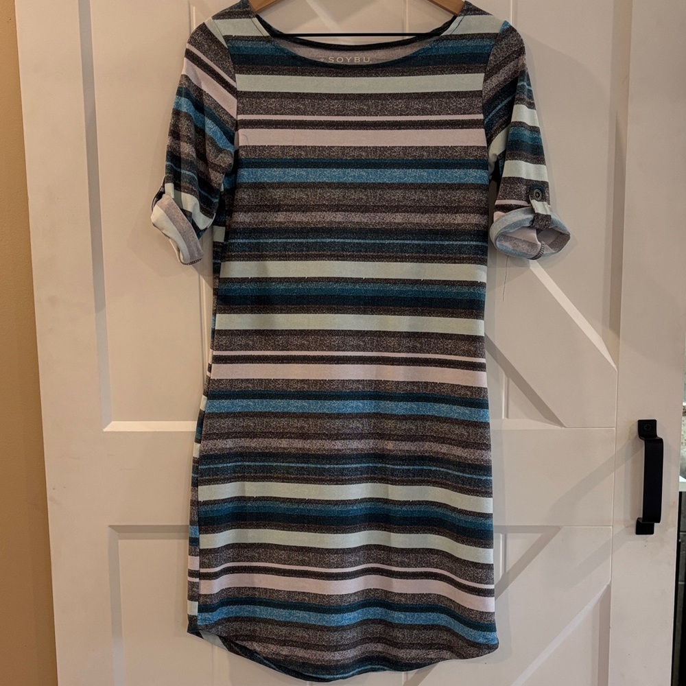 Soybu Striped Tunic Dress in Teal, Gray & White
